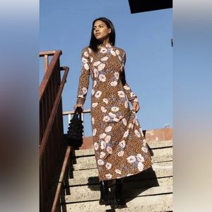 Free People Romance Midi Dress Size Small Leopard Floral Camel